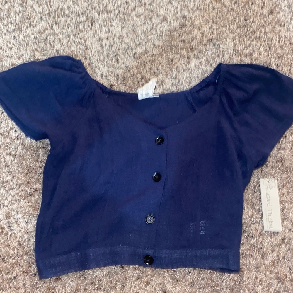 blue button down crop top; size small; navy blue